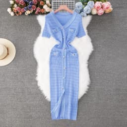 YuooMuoo 2026 New Arrival Women Knitted Long Dress Elegant V-neck Single-breasted Split Sweater Dress Office Lady Vestidos