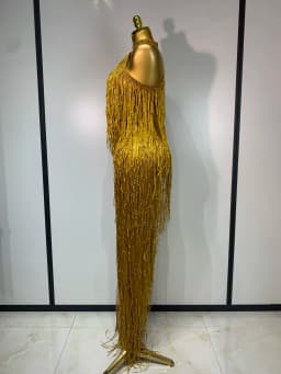 Women Sexy Shiny Crystals Tassel Gold Dress Elegant Evening Party Prom Gown Nightclub Birthday Dress Photoshoot Stage Outfit