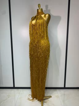 Women Sexy Shiny Crystals Tassel Gold Dress Elegant Evening Party Prom Gown Nightclub Birthday Dress Photoshoot Stage Outfit