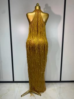 Women Sexy Shiny Crystals Tassel Gold Dress Elegant Evening Party Prom Gown Nightclub Birthday Dress Photoshoot Stage Outfit