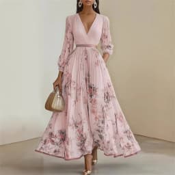 New Spring Summer Ladies Elegant Dress Sexy V-neck Print Long Sleeve Big Swing A-line Holiday Dress Women Maxi Dresses Clothing