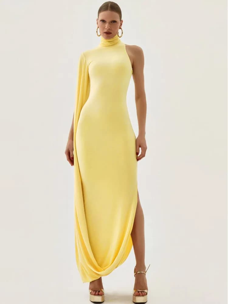 Blifanbo Split Turtleneck Sexy Maxi Dress Women Gown One-shoulder High Waist Bodycon Solid Fashion Club Party Long Dress Elegant