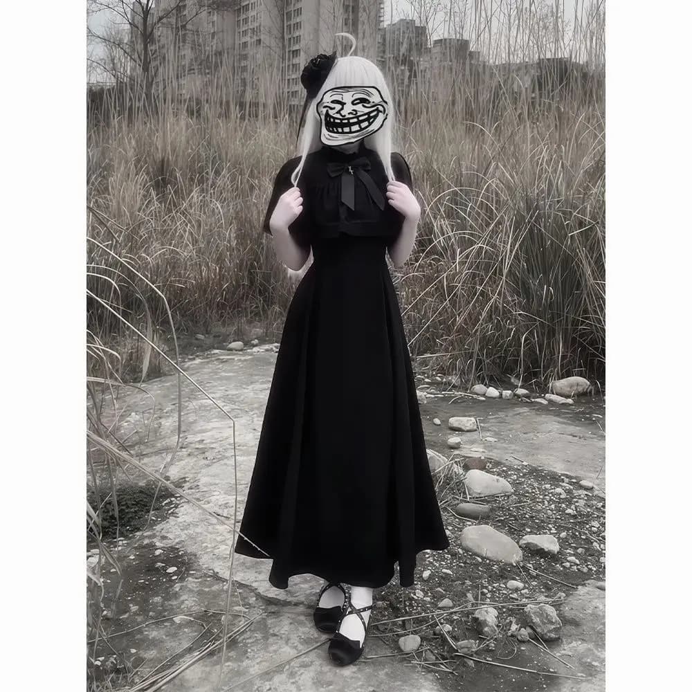 Japanese Gothic Style Retro Black Cape Mid Length Dress Платье Grunge Subcultural Streetwear Punk Black Vestido Y2k