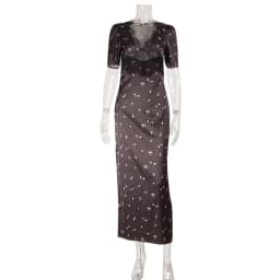 Lace Patchwork Printed Maxi Dresses for Women Fashion Sexy Streetwear Short Sleeves Slim Hollow Out Long Vestidos Robes Female