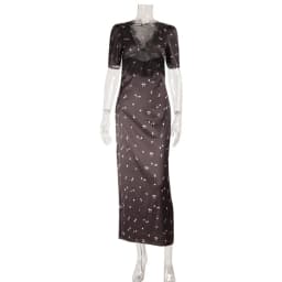Lace Patchwork Printed Maxi Dresses for Women Fashion Sexy Streetwear Short Sleeves Slim Hollow Out Long Vestidos Robes Female