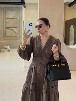Elegant White Hollow Out Embroidery Long Dress Women V Neck Puff Sleeve Loose Maxi Dresses 2026 Autumn Casual Daily Party Robes