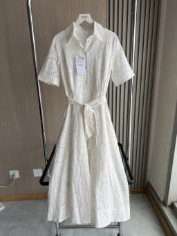 ETJ 2025 new women's elegant fashion hollow embroidery cotton shirt lapel short-sleeved dress temperament long skirt