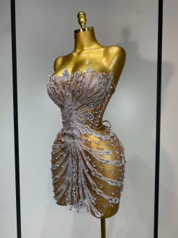 Women Sexy Strapless Rhinestones Mini Dress Performance Costume See Through Stage Dancer Club Evening Party Birthday Dress