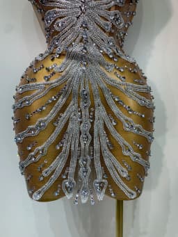 Women Sexy Strapless Rhinestones Mini Dress Performance Costume See Through Stage Dancer Club Evening Party Birthday Dress