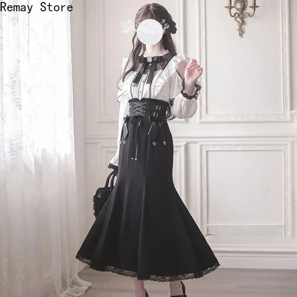 Japanese Gothic Lolita Dark Subculture Women 2 Pieces Set Lace Bow Shirt + Slim Fit Skirt French Vintage Party Harajuku Outfits