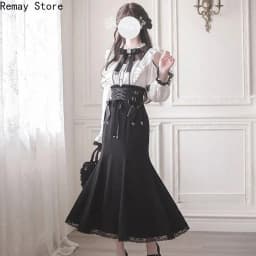 Japanese Gothic Lolita Dark Subculture Women 2 Pieces Set Lace Bow Shirt + Slim Fit Skirt French Vintage Party Harajuku Outfits