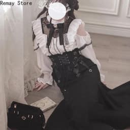 Japanese Gothic Lolita Dark Subculture Women 2 Pieces Set Lace Bow Shirt + Slim Fit Skirt French Vintage Party Harajuku Outfits