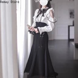 Japanese Gothic Lolita Dark Subculture Women 2 Pieces Set Lace Bow Shirt + Slim Fit Skirt French Vintage Party Harajuku Outfits