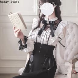 Japanese Gothic Lolita Dark Subculture Women 2 Pieces Set Lace Bow Shirt + Slim Fit Skirt French Vintage Party Harajuku Outfits
