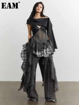 [EAM] Women Gray Plaid Ruffles Irregular Spaghetti Strap Dress New V-Neck Sleeveless Fashion Tide Spring Autumn 2026 1DJ3758