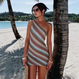 Bohemian Slanted Shoulder Colorful Striped Bodycon Dress Chic Irregular Printed Knitted Backless Slim Fit Mini Dresses Beach