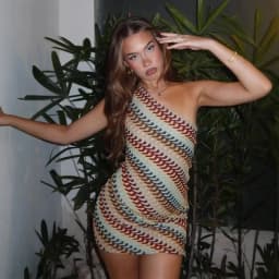 Bohemian Slanted Shoulder Colorful Striped Bodycon Dress Chic Irregular Printed Knitted Backless Slim Fit Mini Dresses Beach