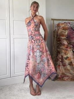 Floral Print Asymmetrical Hem Maxi Dress Women Halter Neck Sleeveless A-line Mesh Dresses 2026 Summer Chic Vacation Party Gown