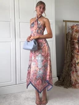 Floral Print Asymmetrical Hem Maxi Dress Women Halter Neck Sleeveless A-line Mesh Dresses 2026 Summer Chic Vacation Party Gown