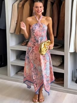 Floral Print Asymmetrical Hem Maxi Dress Women Halter Neck Sleeveless A-line Mesh Dresses 2026 Summer Chic Vacation Party Gown