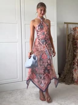 Floral Print Asymmetrical Hem Maxi Dress Women Halter Neck Sleeveless A-line Mesh Dresses 2026 Summer Chic Vacation Party Gown