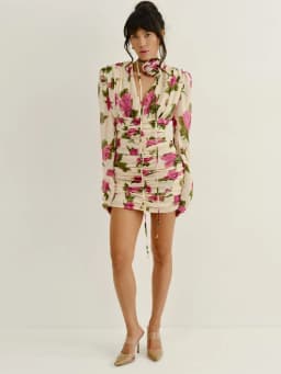 Casual Printed 3D Flower Dress Women Full Sleeve V-Neck Pleated Hip Package Lady Mini Dresses 2026 Summer Female Vacation Robe