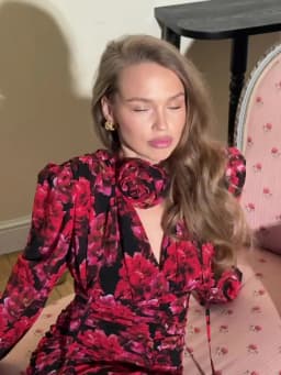 Casual Printed 3D Flower Dress Women Full Sleeve V-Neck Pleated Hip Package Lady Mini Dresses 2026 Summer Female Vacation Robe