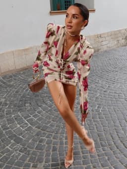 Casual Printed 3D Flower Dress Women Full Sleeve V-Neck Pleated Hip Package Lady Mini Dresses 2026 Summer Female Vacation Robe