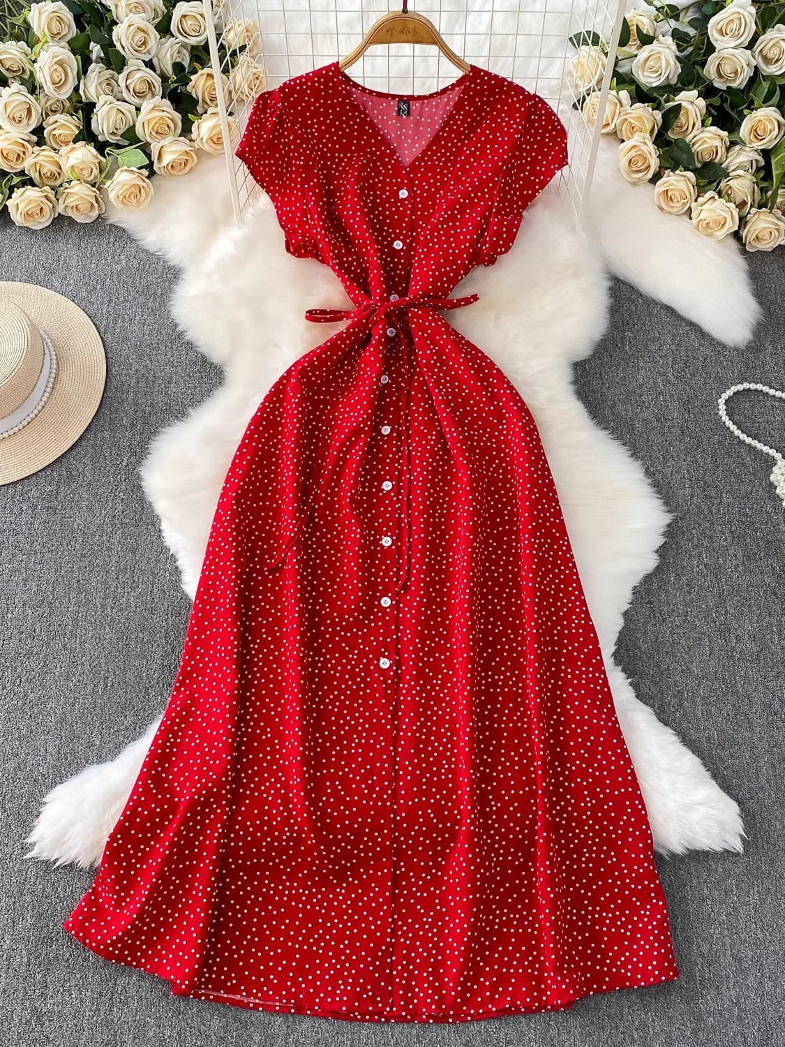 Summer Women Polka Dot Long Dress Vintage V-Neck Flying Sleeve High Waist Single Breasted A-Line Casual Vestidos Female Robe New