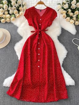 Summer Women Polka Dot Long Dress Vintage V-Neck Flying Sleeve High Waist Single Breasted A-Line Casual Vestidos Female Robe New
