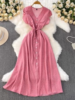 Summer Women Polka Dot Long Dress Vintage V-Neck Flying Sleeve High Waist Single Breasted A-Line Casual Vestidos Female Robe New