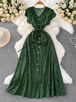 Summer Women Polka Dot Long Dress Vintage V-Neck Flying Sleeve High Waist Single Breasted A-Line Casual Vestidos Female Robe New
