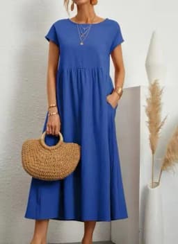 Customizable Fashion Solid Dress Women Cotton Linen O-Neck A-line Dress