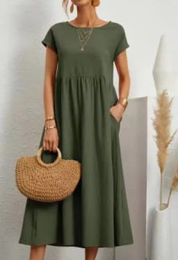 Customizable Fashion Solid Dress Women Cotton Linen O-Neck A-line Dress