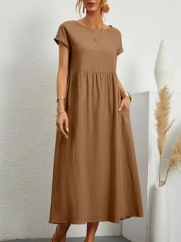 Customizable Fashion Solid Dress Women Cotton Linen O-Neck A-line Dress