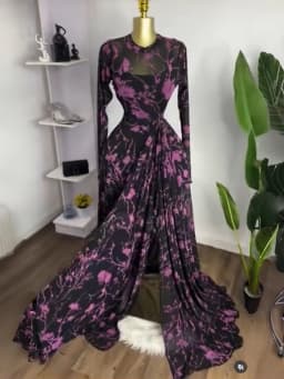 GLCMYAYA Women Long Sleeve Floral O-neck High Split Big Swing A-line Maxi Dress 2026 Birthday Vacation Trendy Dresses Vestidos