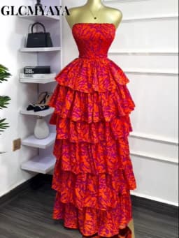 GLCMYAYA Women Floral Printed Cascading Ruffles Ball Gown Midi Maxi Long Dress Birthday Vacation Holiday Party Dresses Vestidos