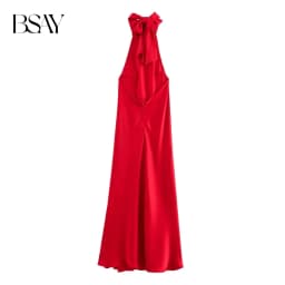 BSAY Dress for Women Fashion 2024 Autumn New Bow Sexy Backless French Elegant Halter Neck Satin Texture Midi Dresses