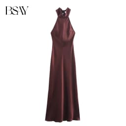 BSAY Dress for Women Fashion 2024 Autumn New Bow Sexy Backless French Elegant Halter Neck Satin Texture Midi Dresses