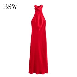 BSAY Dress for Women Fashion 2024 Autumn New Bow Sexy Backless French Elegant Halter Neck Satin Texture Midi Dresses