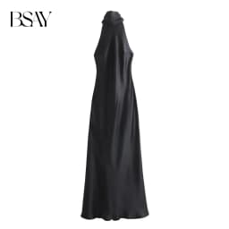 BSAY Dress for Women Fashion 2024 Autumn New Bow Sexy Backless French Elegant Halter Neck Satin Texture Midi Dresses