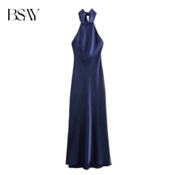BSAY Dress for Women Fashion 2024 Autumn New Bow Sexy Backless French Elegant Halter Neck Satin Texture Midi Dresses