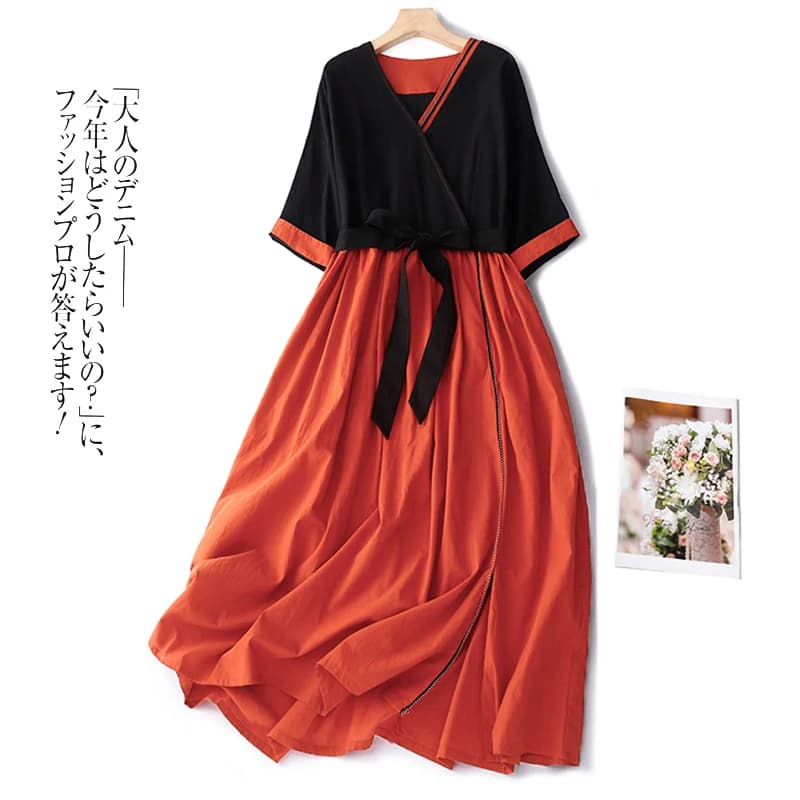 2024 New Arrival V-neck Patchwork Vintage Loose Summer Dress Bow Belt Slim Office Lady Work Dress Fashion Women Casual Dress