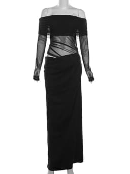 Weird Puss Slash Neck Dress Women Chic Elegant Sexy 2025 Patchwork Mesh Ruched Hollow Birthday Party Clubwear Vacation Vestidos