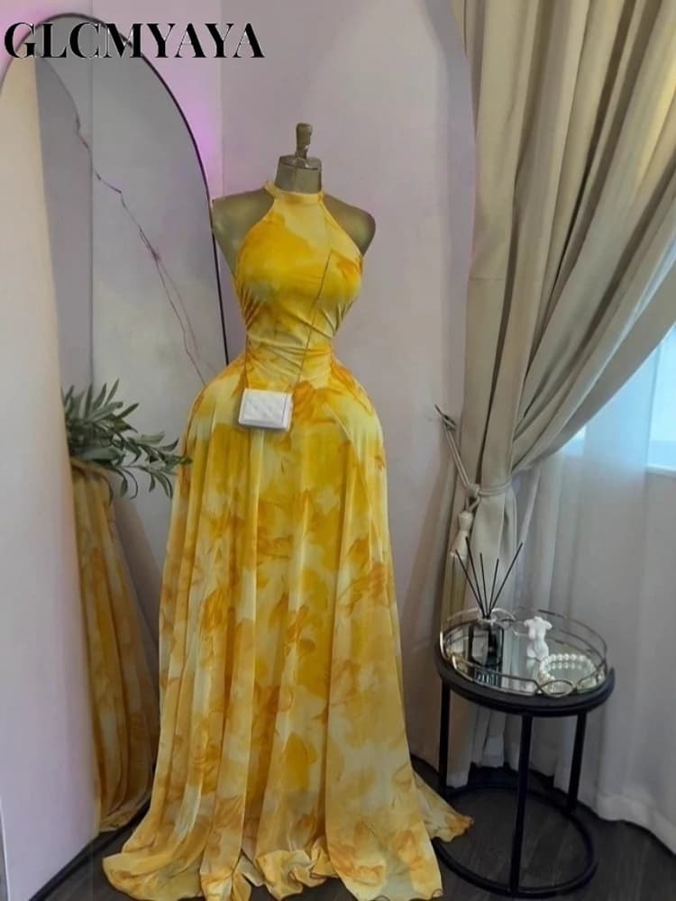 GLCMYAYA Women Printed Sleeveless with Sashes Fit and Flare A-line Maxi Dress 2026 Streetwear Beach Holiday Long Dresses Vestido