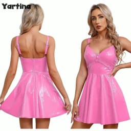 Womens Patent Leather Slip Latex Dress A-line Back Zipper Skater Mini Dress with O-Ring Rivets Wet Look Gothic Punk Clubwear
