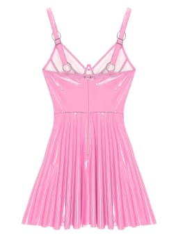 Womens Patent Leather Slip Latex Dress A-line Back Zipper Skater Mini Dress with O-Ring Rivets Wet Look Gothic Punk Clubwear