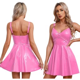 Womens Patent Leather Slip Latex Dress A-line Back Zipper Skater Mini Dress with O-Ring Rivets Wet Look Gothic Punk Clubwear