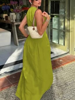 UOOZEE Office Lady Commute Pleated A-line Dress 2026 New Summer Fashion Solid Color Sleeveless Zipper Evening Maxi Dresses