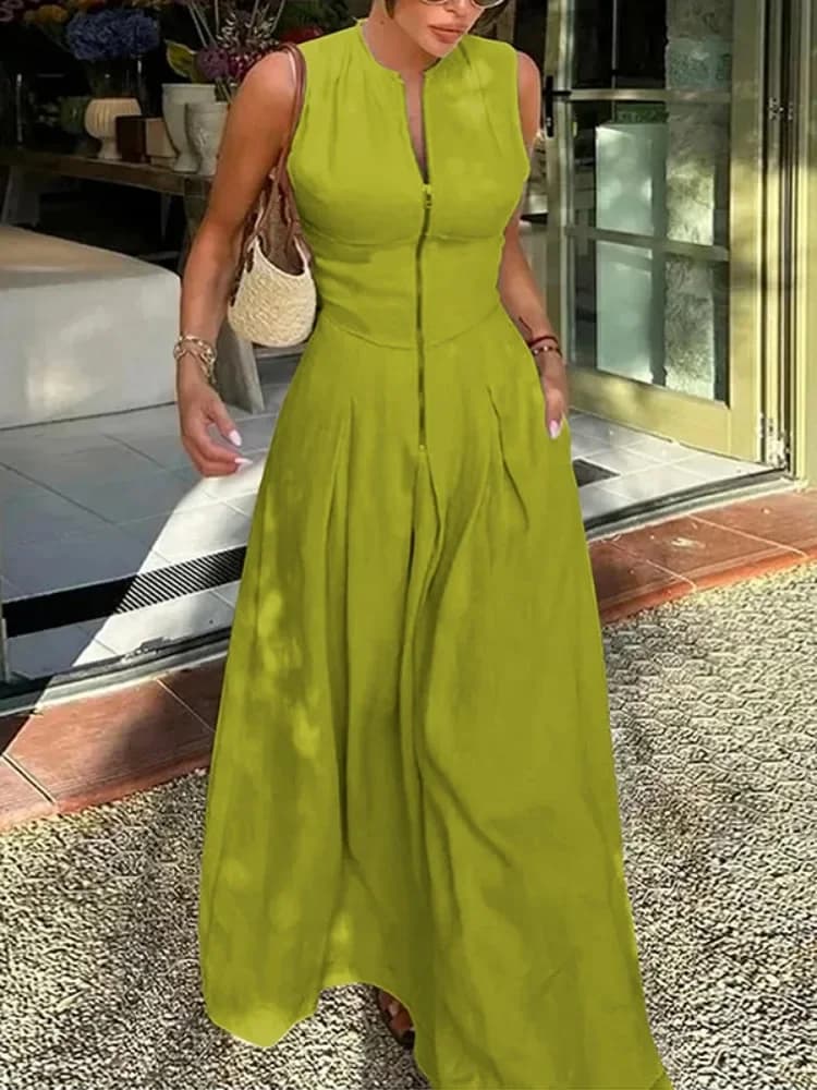 UOOZEE Office Lady Commute Pleated A-line Dress 2026 New Summer Fashion Solid Color Sleeveless Zipper Evening Maxi Dresses